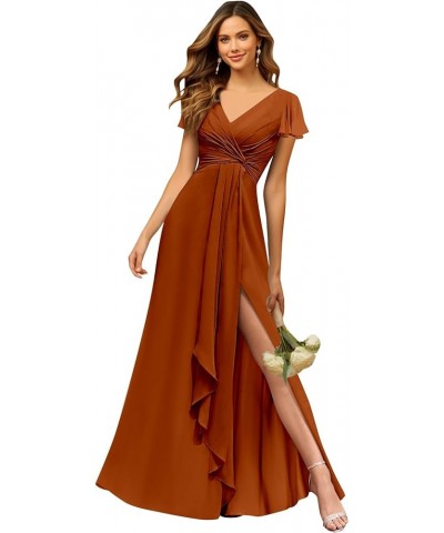 Flutter Sleeve Bridesmaid Dresses for Women Pleated Chiffon V-Neck Wedding Evening Gown with Slit Burnt Orange $31.79 Dresses