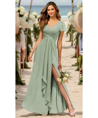 Flutter Sleeve Bridesmaid Dresses for Women Pleated Chiffon V-Neck Wedding Evening Gown with Slit Burnt Orange $31.79 Dresses