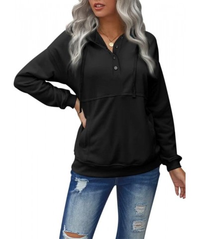 Womens Casual Button Neck Long Sleeve Hoodie Pullover Top Solid Color Drawstring Hooded Sweatshirt Black $23.39 Hoodies & Swe...