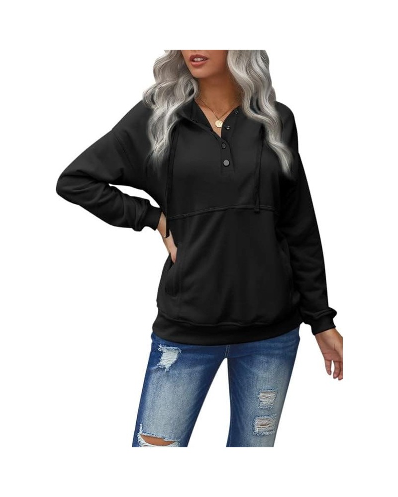 Womens Casual Button Neck Long Sleeve Hoodie Pullover Top Solid Color Drawstring Hooded Sweatshirt Black $23.39 Hoodies & Swe...