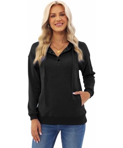 Womens Casual Button Neck Long Sleeve Hoodie Pullover Top Solid Color Drawstring Hooded Sweatshirt Black $23.39 Hoodies & Swe...