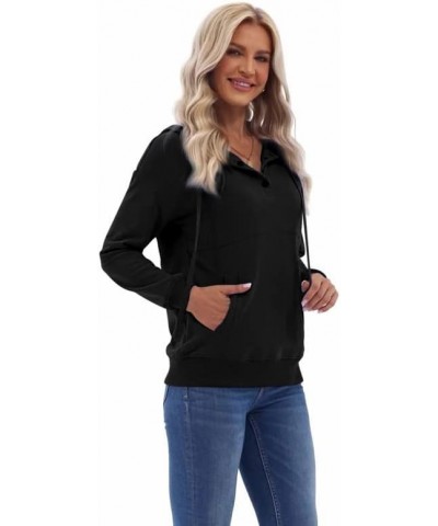 Womens Casual Button Neck Long Sleeve Hoodie Pullover Top Solid Color Drawstring Hooded Sweatshirt Black $23.39 Hoodies & Swe...