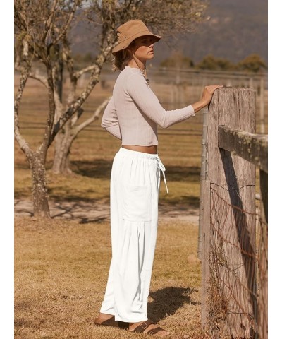 Women's 2024 Casual Wide Leg Pants High Waist Drawstring Loose Fit Trousers with Pockets Ivory $18.19 Pants