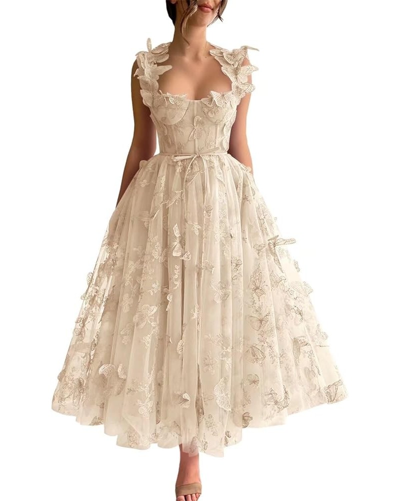 3D Butterflies Tulle Prom Dress 2024 Spaghetti Straps Lace Applique Formal Evening Party Gowns Champagne $27.95 Dresses