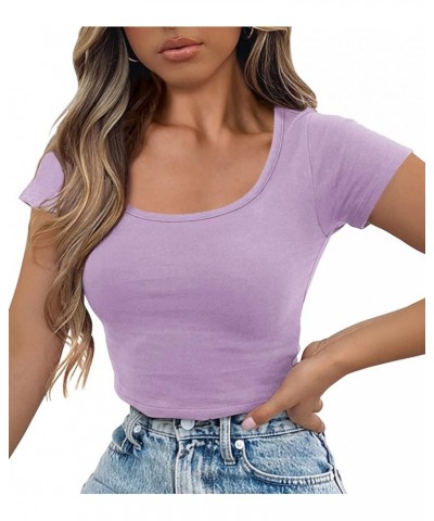 Women's Casual Short Sleeve Scoop Neck Fitted Workout Basic Crop Top Teen T-Shirts Light Purple $12.23 T-Shirts