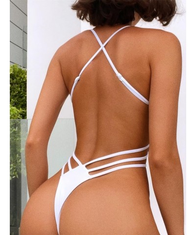 Women's Criss Cross Backless Bathing Suit Cut Out Scoop Neck One Piece Swimsuit White $17.02 Swimsuits