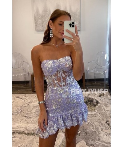 Women's Strapless Tight Homecoming Dresses for Teens 2023 Sparkly Sequin Lace Applique Ruffle Corset Prom Dress Pink $40.49 D...