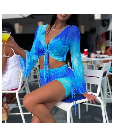 Sexy Two Pieces Outfit for Women Clubwear Long Sleeve Crop Top and Mini Skirt Set Lace Up Tie Dye Bandage Swimsuit… Blue1 $18...