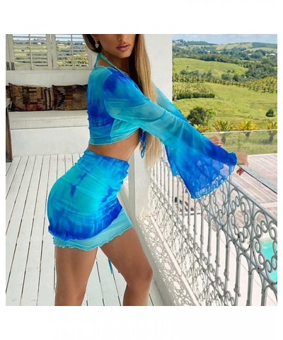 Sexy Two Pieces Outfit for Women Clubwear Long Sleeve Crop Top and Mini Skirt Set Lace Up Tie Dye Bandage Swimsuit… Blue1 $18...