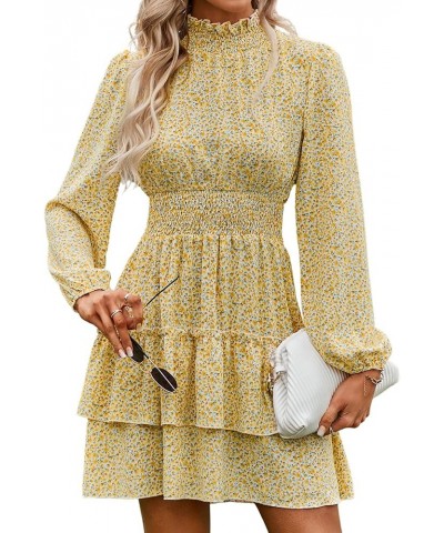 Women Chiffon Dresses Floral Elastic Waist Mini Ladies Tiered Dress Ruffled Mock Neck Long Lantern Sleeve White and Yellow $2...