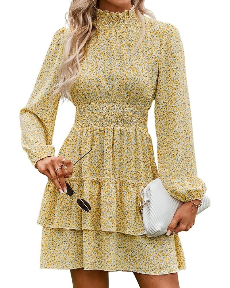 Women Chiffon Dresses Floral Elastic Waist Mini Ladies Tiered Dress Ruffled Mock Neck Long Lantern Sleeve White and Yellow $2...