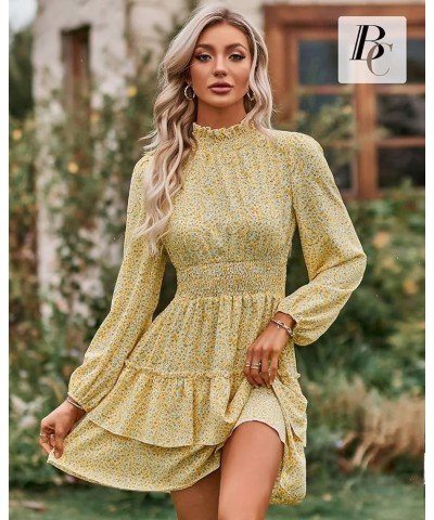 Women Chiffon Dresses Floral Elastic Waist Mini Ladies Tiered Dress Ruffled Mock Neck Long Lantern Sleeve White and Yellow $2...