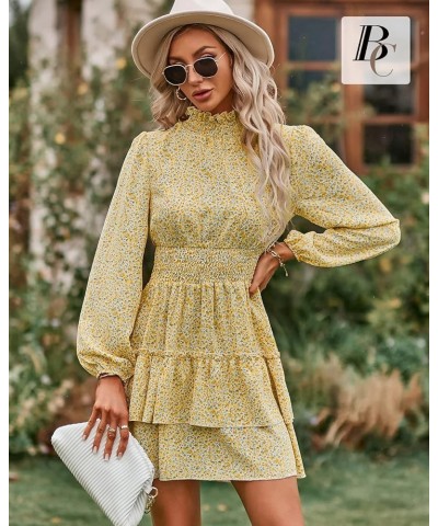 Women Chiffon Dresses Floral Elastic Waist Mini Ladies Tiered Dress Ruffled Mock Neck Long Lantern Sleeve White and Yellow $2...