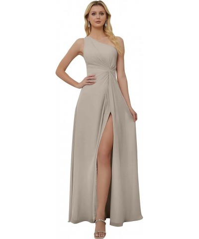 One Shoulder Bridesmaid Dresses for Women A Line High Slit Pleated Flowy Chiffon Formal Evening Gown Taupe $22.50 Dresses