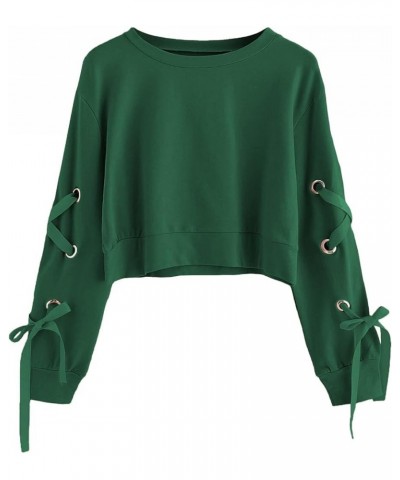 Women's Casual Lace Up Long Sleeve Pullover Crop Top Sweatshirt Blackish Green $13.12 Hoodies & Sweatshirts