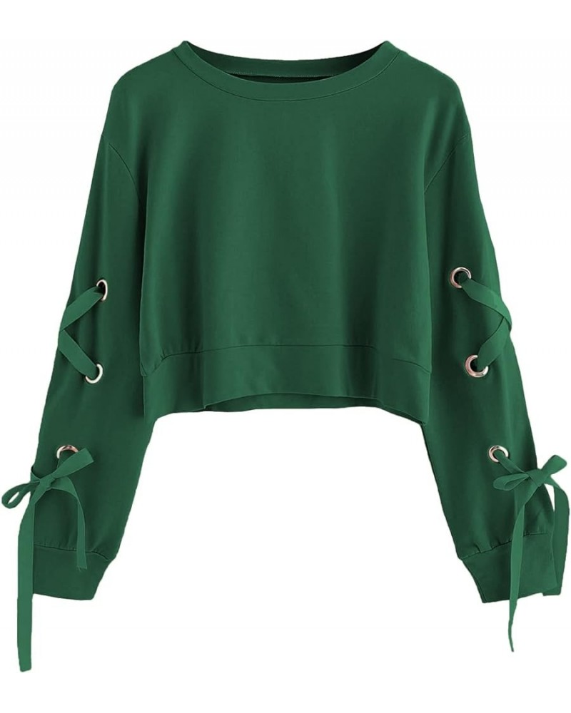 Women's Casual Lace Up Long Sleeve Pullover Crop Top Sweatshirt Blackish Green $13.12 Hoodies & Sweatshirts