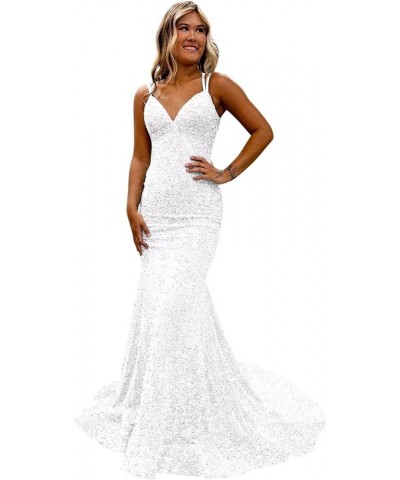 Spaghetti Straps Sequin Prom Dress V-Neck Backless Mermaid Sparkly Women Formal Evening Gowns White $38.24 Dresses