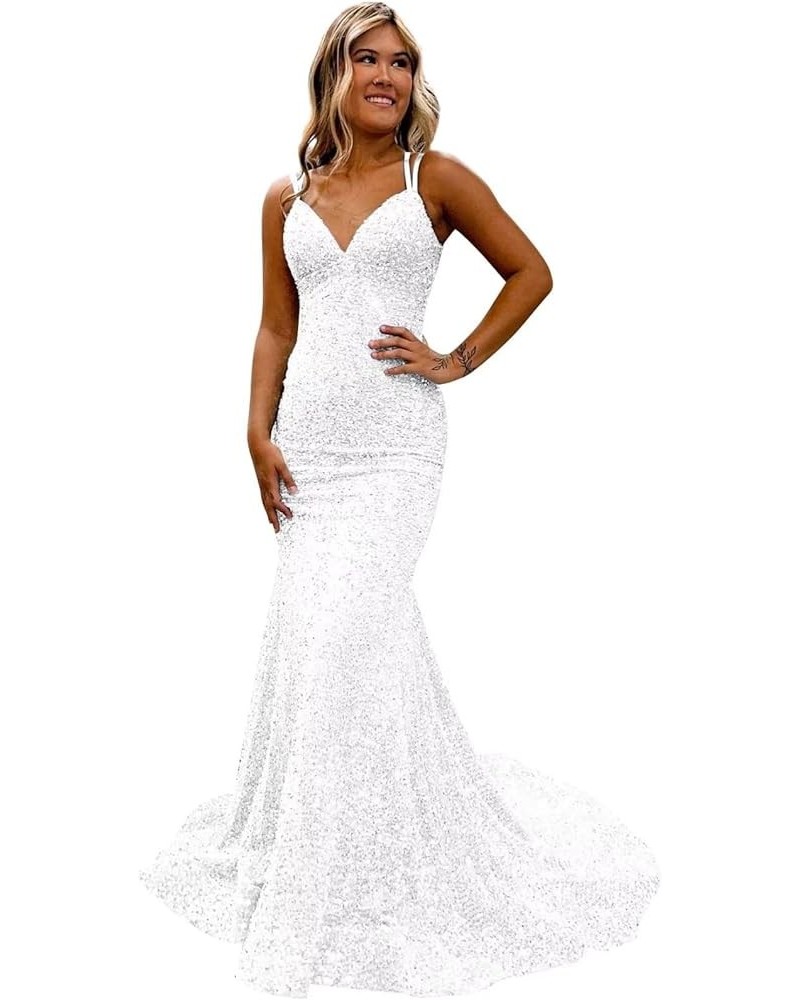 Spaghetti Straps Sequin Prom Dress V-Neck Backless Mermaid Sparkly Women Formal Evening Gowns White $38.24 Dresses