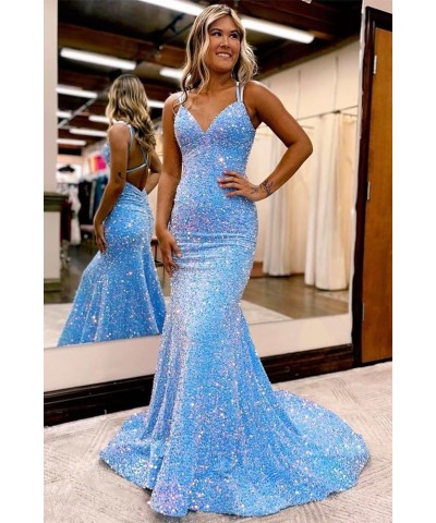 Spaghetti Straps Sequin Prom Dress V-Neck Backless Mermaid Sparkly Women Formal Evening Gowns White $38.24 Dresses