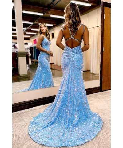 Spaghetti Straps Sequin Prom Dress V-Neck Backless Mermaid Sparkly Women Formal Evening Gowns White $38.24 Dresses