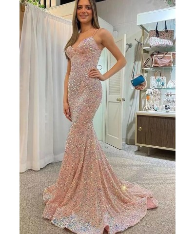 Spaghetti Straps Sequin Prom Dress V-Neck Backless Mermaid Sparkly Women Formal Evening Gowns White $38.24 Dresses