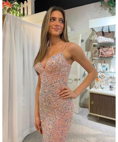 Spaghetti Straps Sequin Prom Dress V-Neck Backless Mermaid Sparkly Women Formal Evening Gowns White $38.24 Dresses