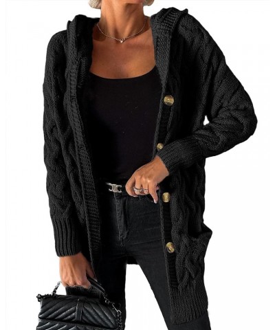 Women Fall 2023 Oversized Long Sleeve Hooded Chunky Cardigan Sweaters Winter Button Up Cable Knit Sweater Outerwear Black $11...