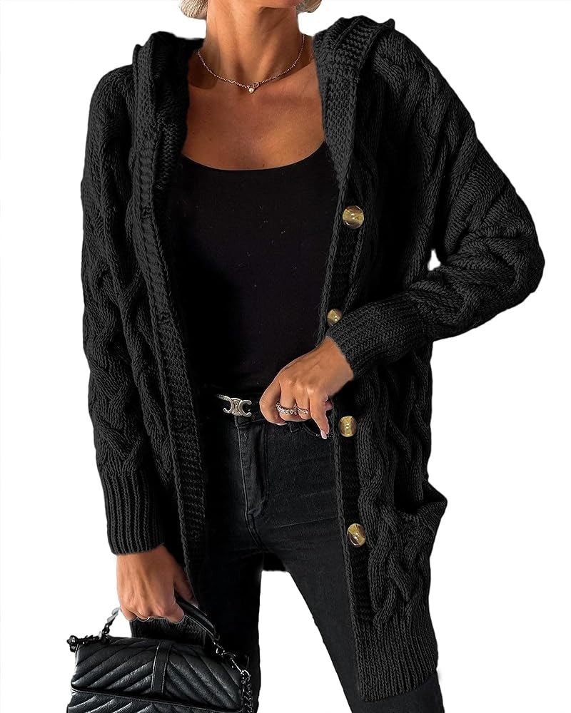 Women Fall 2023 Oversized Long Sleeve Hooded Chunky Cardigan Sweaters Winter Button Up Cable Knit Sweater Outerwear Black $11...