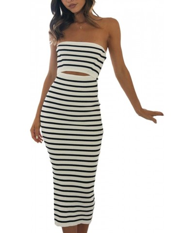 Women Summer Strapless Knitted Long Dress Off Shoulder Striped Cutout Midi Dress Bodycon Backless Beach Sun Dress A $10.12 Dr...