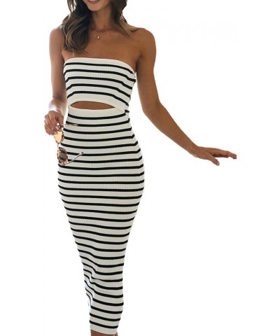 Women Summer Strapless Knitted Long Dress Off Shoulder Striped Cutout Midi Dress Bodycon Backless Beach Sun Dress A $10.12 Dr...