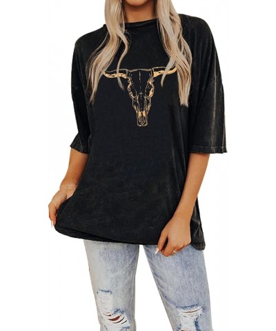 Women's Boho Cow Skull T Shirt Vintage Western Rodeo Graphic Tee Short Sleeve Bull Skull Oversized Cowgirl Casual Top Charcoa...