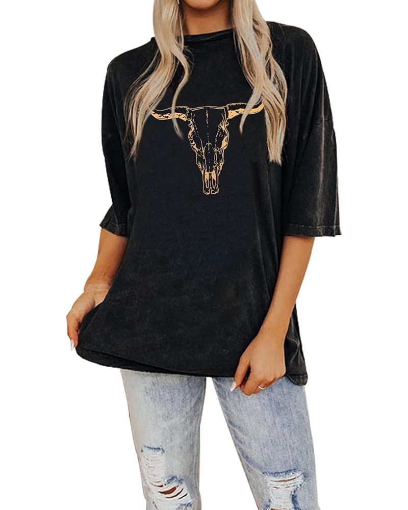 Women's Boho Cow Skull T Shirt Vintage Western Rodeo Graphic Tee Short Sleeve Bull Skull Oversized Cowgirl Casual Top Charcoa...