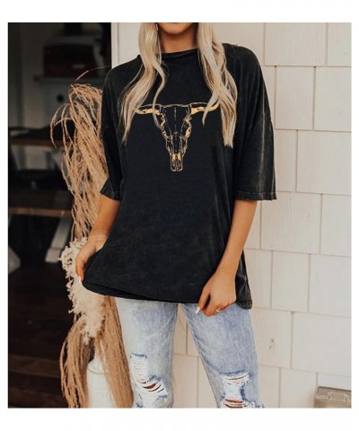 Women's Boho Cow Skull T Shirt Vintage Western Rodeo Graphic Tee Short Sleeve Bull Skull Oversized Cowgirl Casual Top Charcoa...