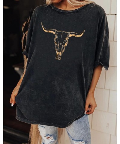 Women's Boho Cow Skull T Shirt Vintage Western Rodeo Graphic Tee Short Sleeve Bull Skull Oversized Cowgirl Casual Top Charcoa...