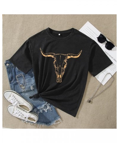 Women's Boho Cow Skull T Shirt Vintage Western Rodeo Graphic Tee Short Sleeve Bull Skull Oversized Cowgirl Casual Top Charcoa...