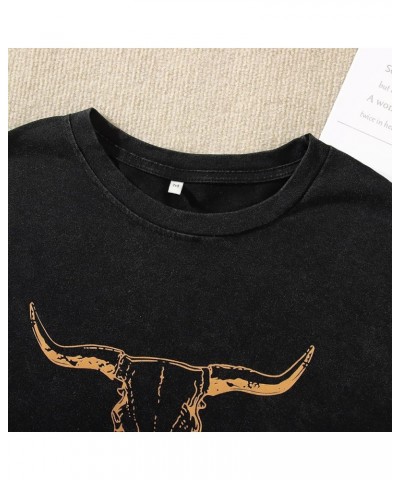 Women's Boho Cow Skull T Shirt Vintage Western Rodeo Graphic Tee Short Sleeve Bull Skull Oversized Cowgirl Casual Top Charcoa...