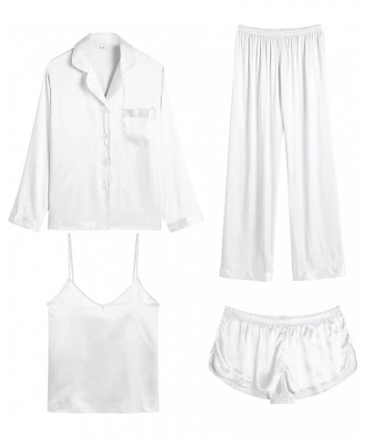 Women Satin Pajamas 4pcs Pajama Set Sexy Cami Shorts Set and Button Down Long Sleeve Pjs Loungewear Sleepwear White-solid Col...