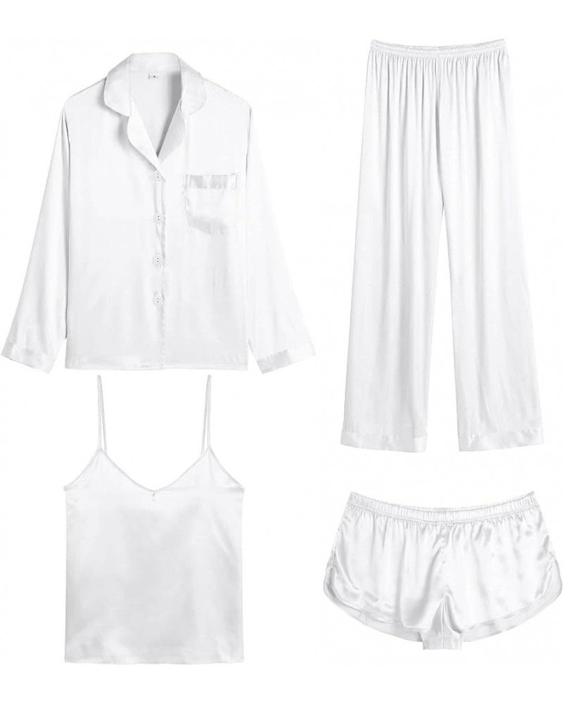 Women Satin Pajamas 4pcs Pajama Set Sexy Cami Shorts Set and Button Down Long Sleeve Pjs Loungewear Sleepwear White-solid Col...