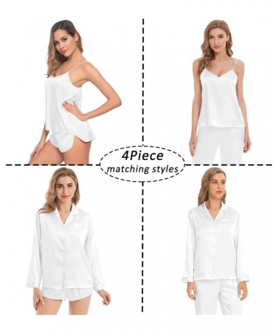 Women Satin Pajamas 4pcs Pajama Set Sexy Cami Shorts Set and Button Down Long Sleeve Pjs Loungewear Sleepwear White-solid Col...