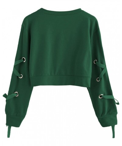 Women's Casual Lace Up Long Sleeve Pullover Crop Top Sweatshirt Blackish Green $13.12 Hoodies & Sweatshirts