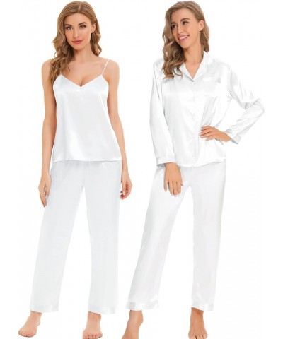 Women Satin Pajamas 4pcs Pajama Set Sexy Cami Shorts Set and Button Down Long Sleeve Pjs Loungewear Sleepwear White-solid Col...