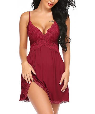 Women Babydoll Nightgown Chemises Lace Modal Sleepwear V-Neck Full Slip Sleep Dress Dark Red $15.39 Sleep & Lounge