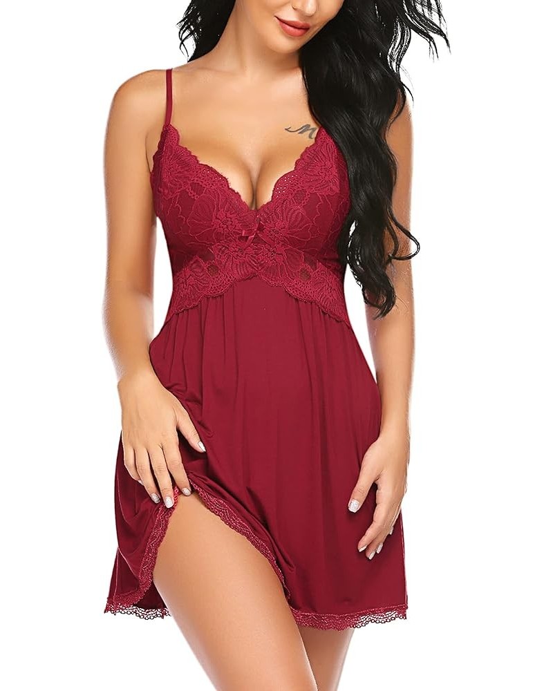 Women Babydoll Nightgown Chemises Lace Modal Sleepwear V-Neck Full Slip Sleep Dress Dark Red $15.39 Sleep & Lounge