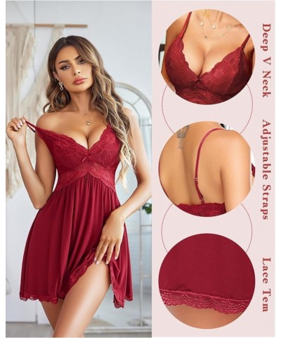 Women Babydoll Nightgown Chemises Lace Modal Sleepwear V-Neck Full Slip Sleep Dress Dark Red $15.39 Sleep & Lounge