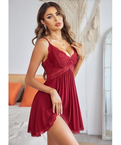 Women Babydoll Nightgown Chemises Lace Modal Sleepwear V-Neck Full Slip Sleep Dress Dark Red $15.39 Sleep & Lounge