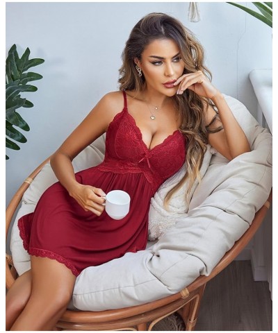 Women Babydoll Nightgown Chemises Lace Modal Sleepwear V-Neck Full Slip Sleep Dress Dark Red $15.39 Sleep & Lounge