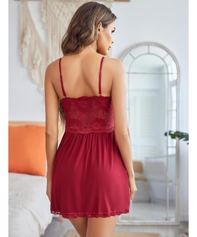 Women Babydoll Nightgown Chemises Lace Modal Sleepwear V-Neck Full Slip Sleep Dress Dark Red $15.39 Sleep & Lounge