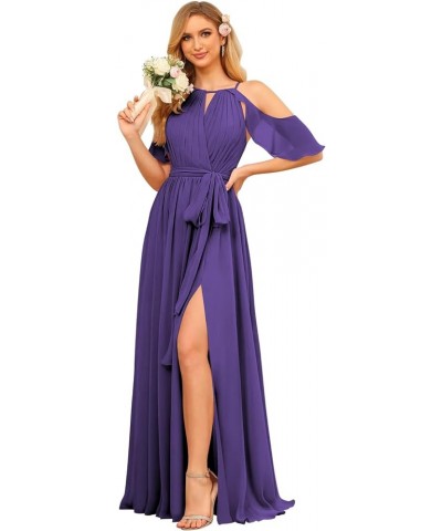 Women's Halter Bridesmaid Dresses Long with Slit 2024 Chiffon Aline Pleats Formal Evening Gowns with Pockets Purple $26.24 Dr...