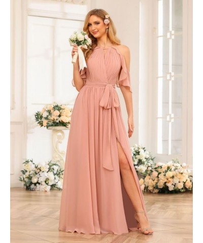 Women's Halter Bridesmaid Dresses Long with Slit 2024 Chiffon Aline Pleats Formal Evening Gowns with Pockets Purple $26.24 Dr...