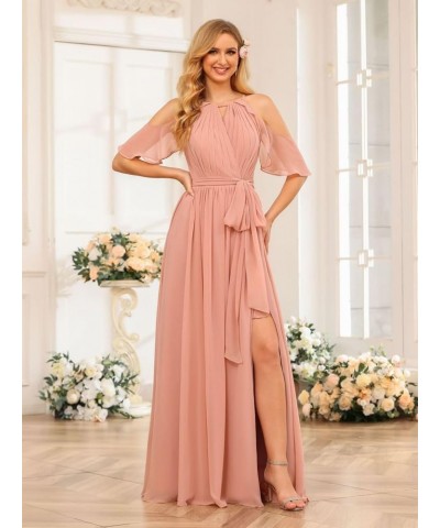 Women's Halter Bridesmaid Dresses Long with Slit 2024 Chiffon Aline Pleats Formal Evening Gowns with Pockets Purple $26.24 Dr...